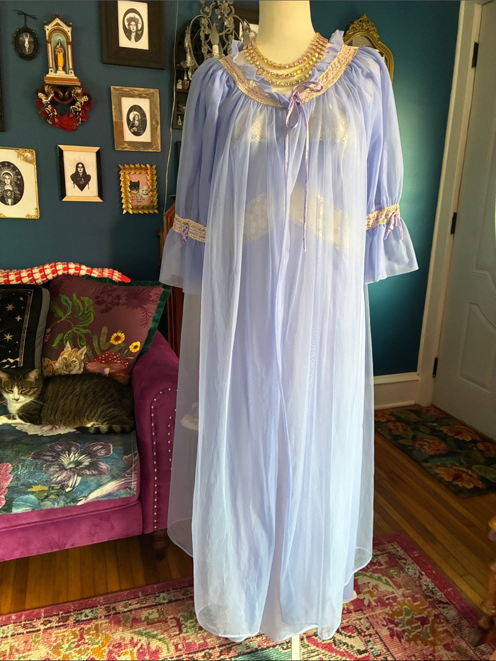 Vintage Sears 2pc Peignoir Set Blue Lavender Chiffon Nightgown Robe Lace 60s